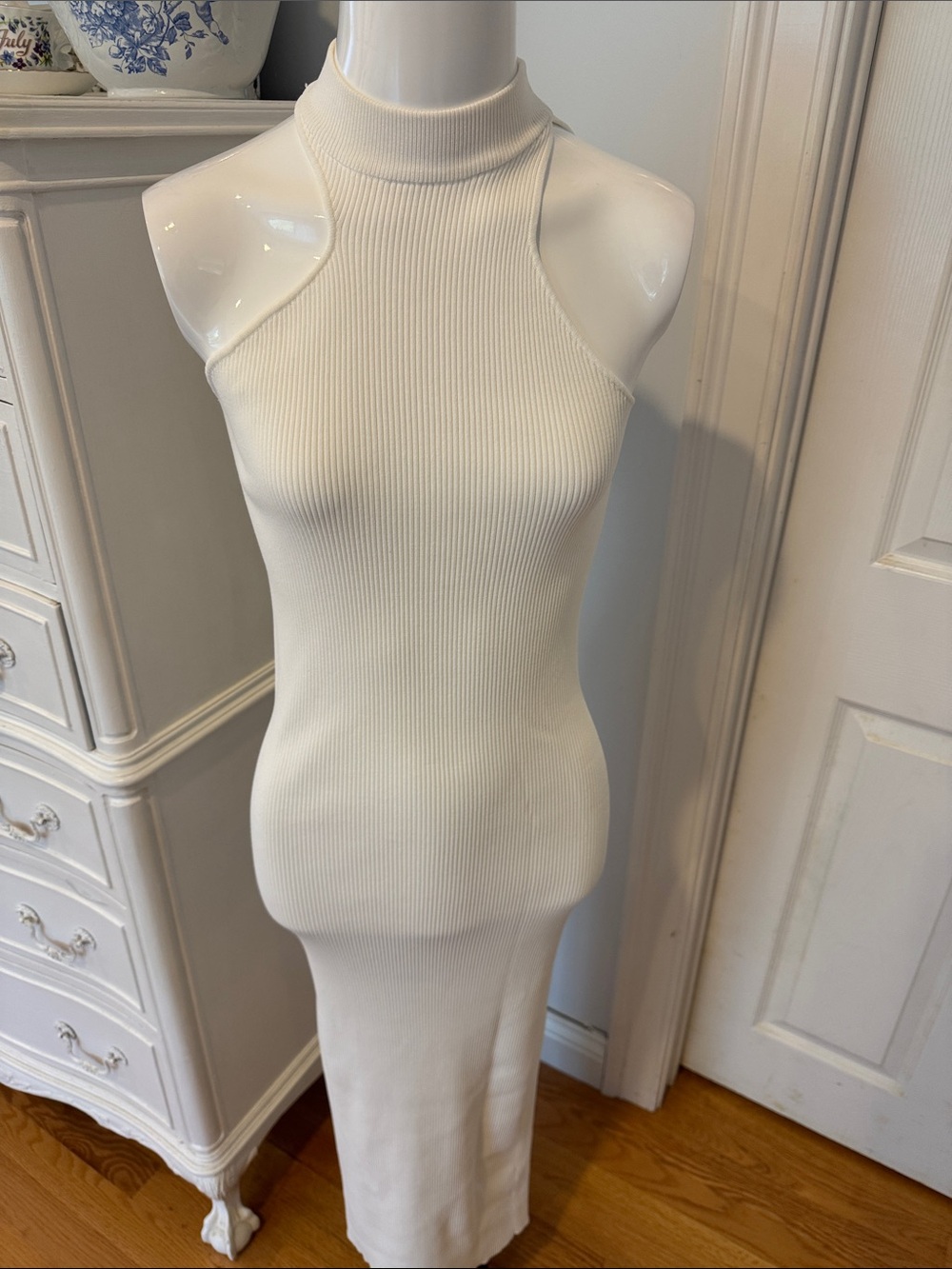 Sleeveless Ribbed High-Neck Midi Dress - Cream